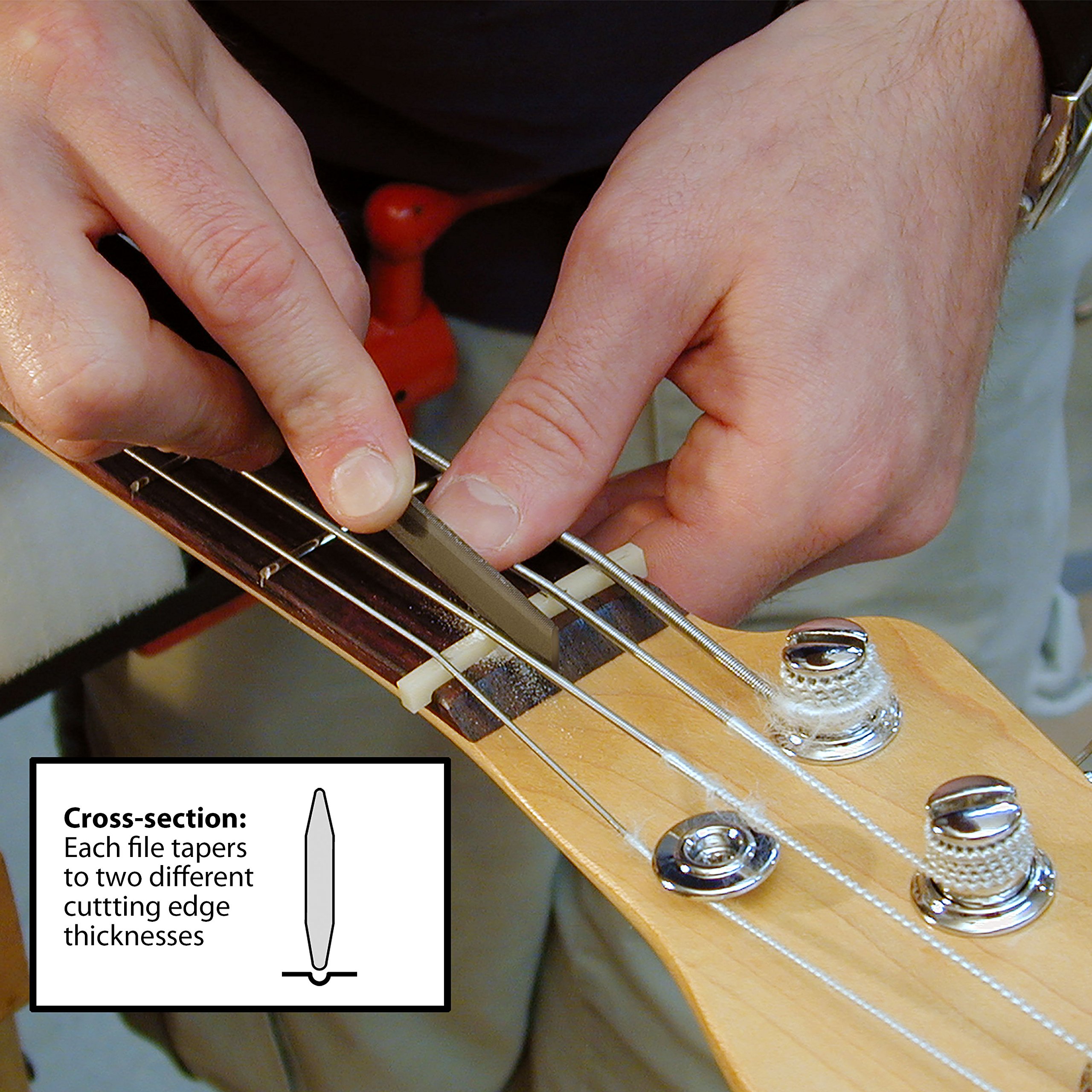 StewMac Double-Edge Nut Slotting File Set, Set of 6 Files – Dual-Gauge Nut Files with Rubber Handles for Precise Guitar & Bass Nut Slot Cutting - Image 3