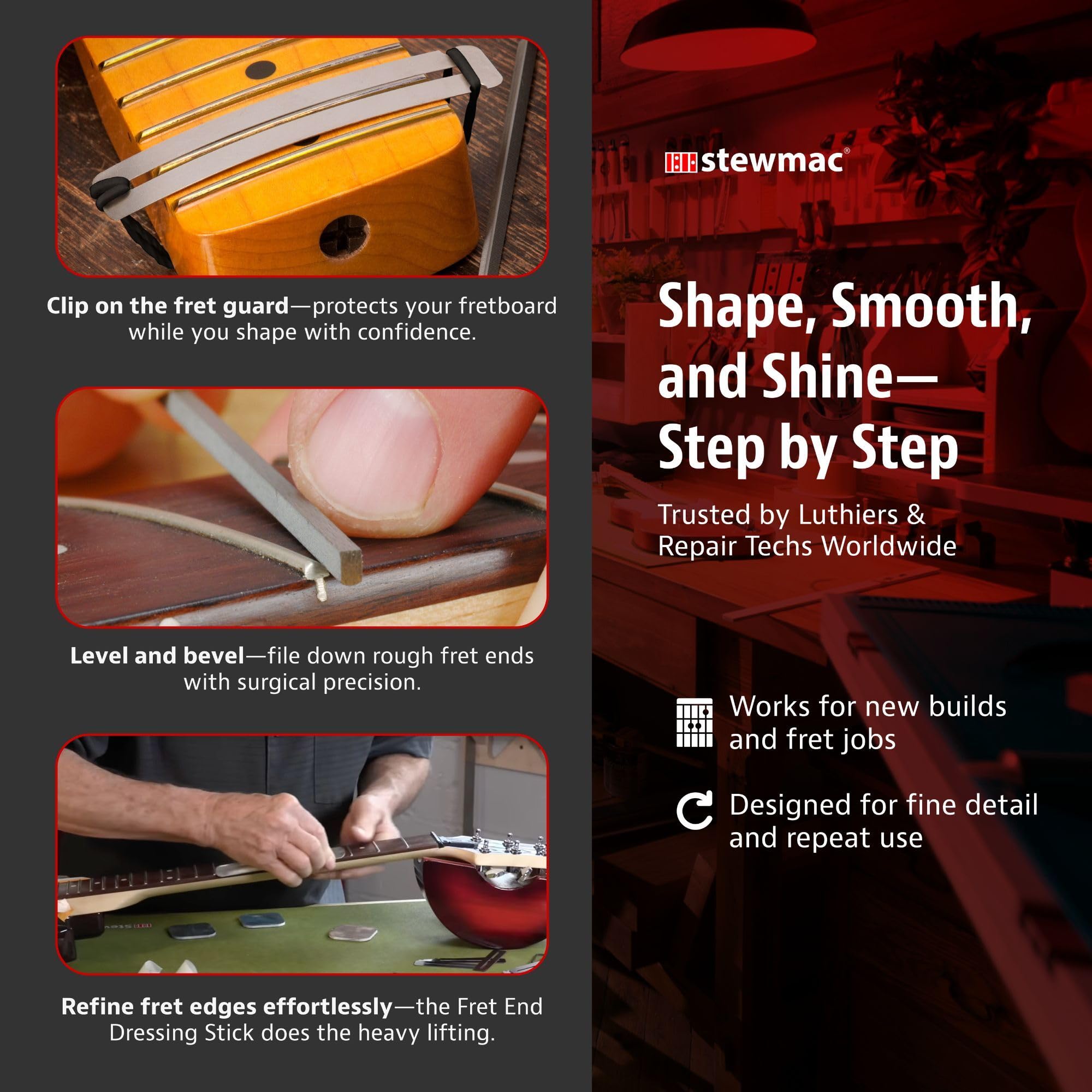 StewMac Fret Kisser + Smooth + Shine Set Bundle, Professional Luthier Guitar Repair Tools - Image 7